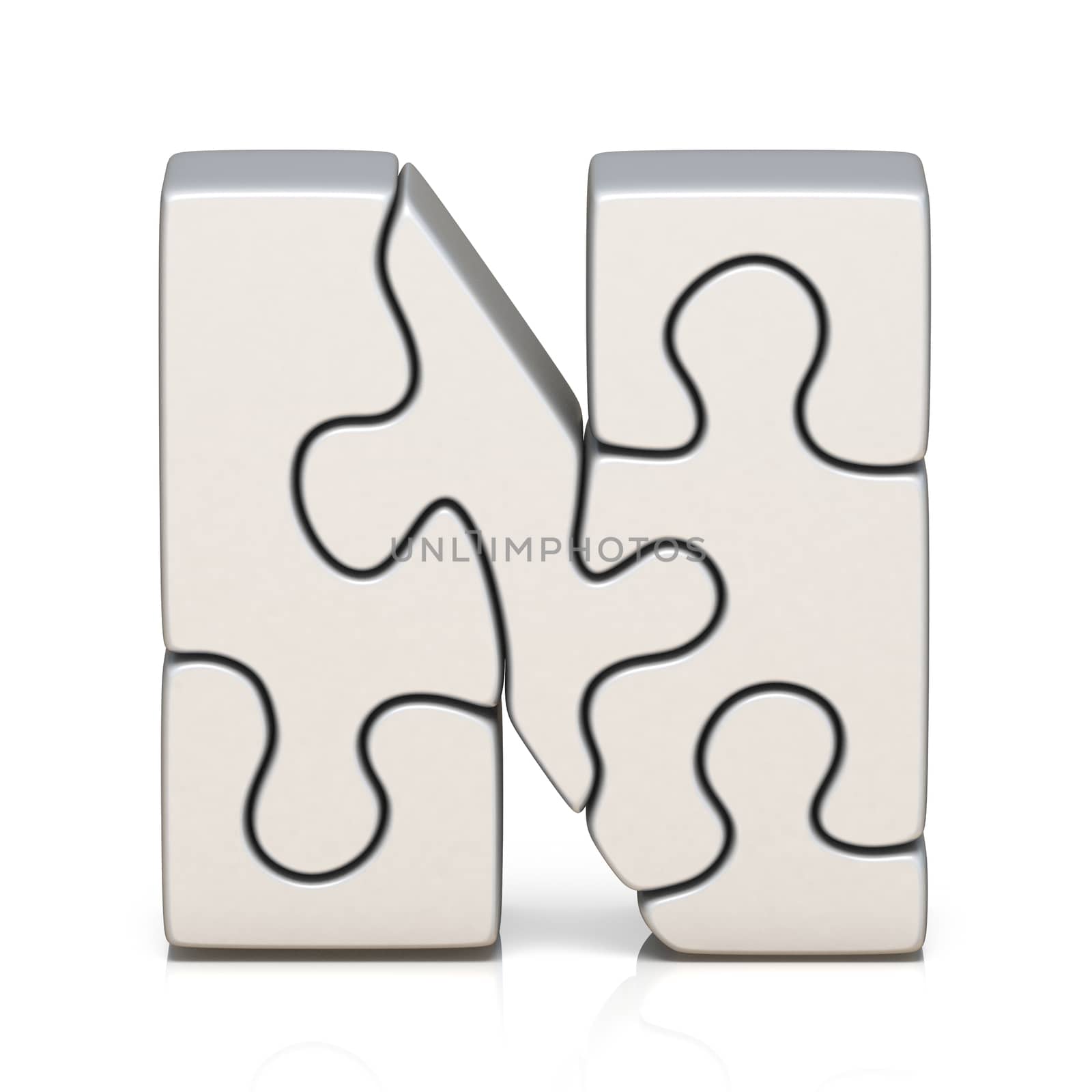 White puzzle jigsaw letter N 3D render illustration isolated on white background