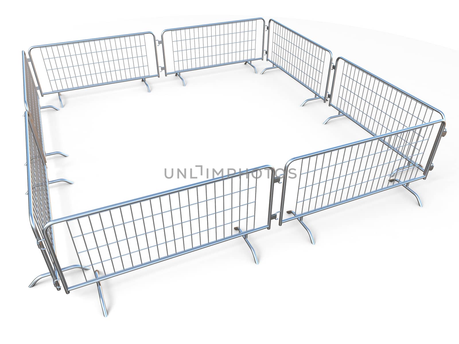Barricaded square made of mobile steel fences 3D render illustration isolated on white background