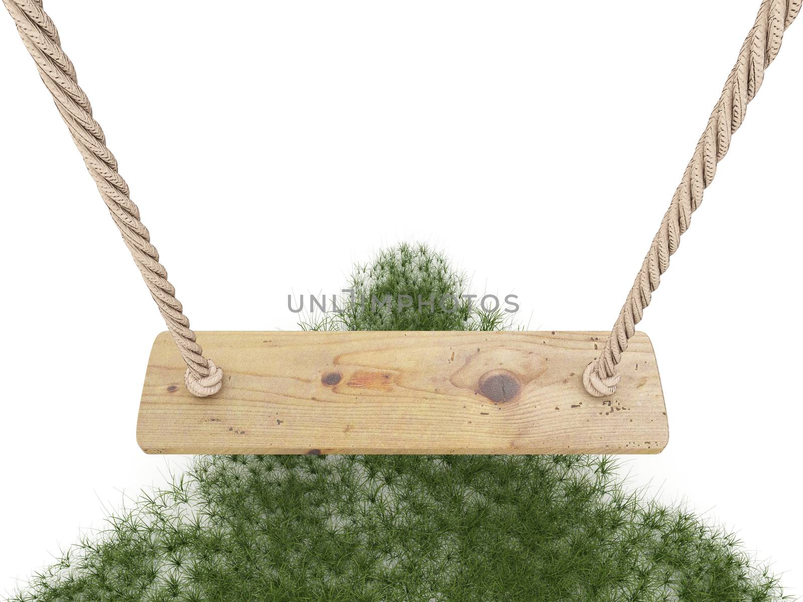 Swing made of rope and a wooden plank over grass 3D render illustration isolated on white background