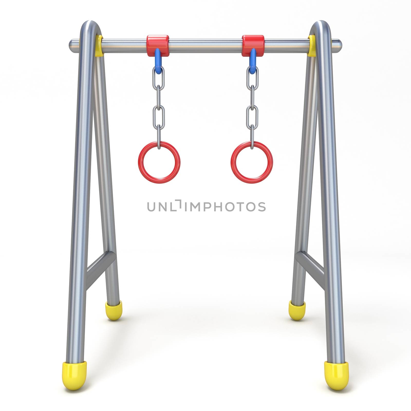 Children swing with metal rings front view 3D render illustration isolated on white background