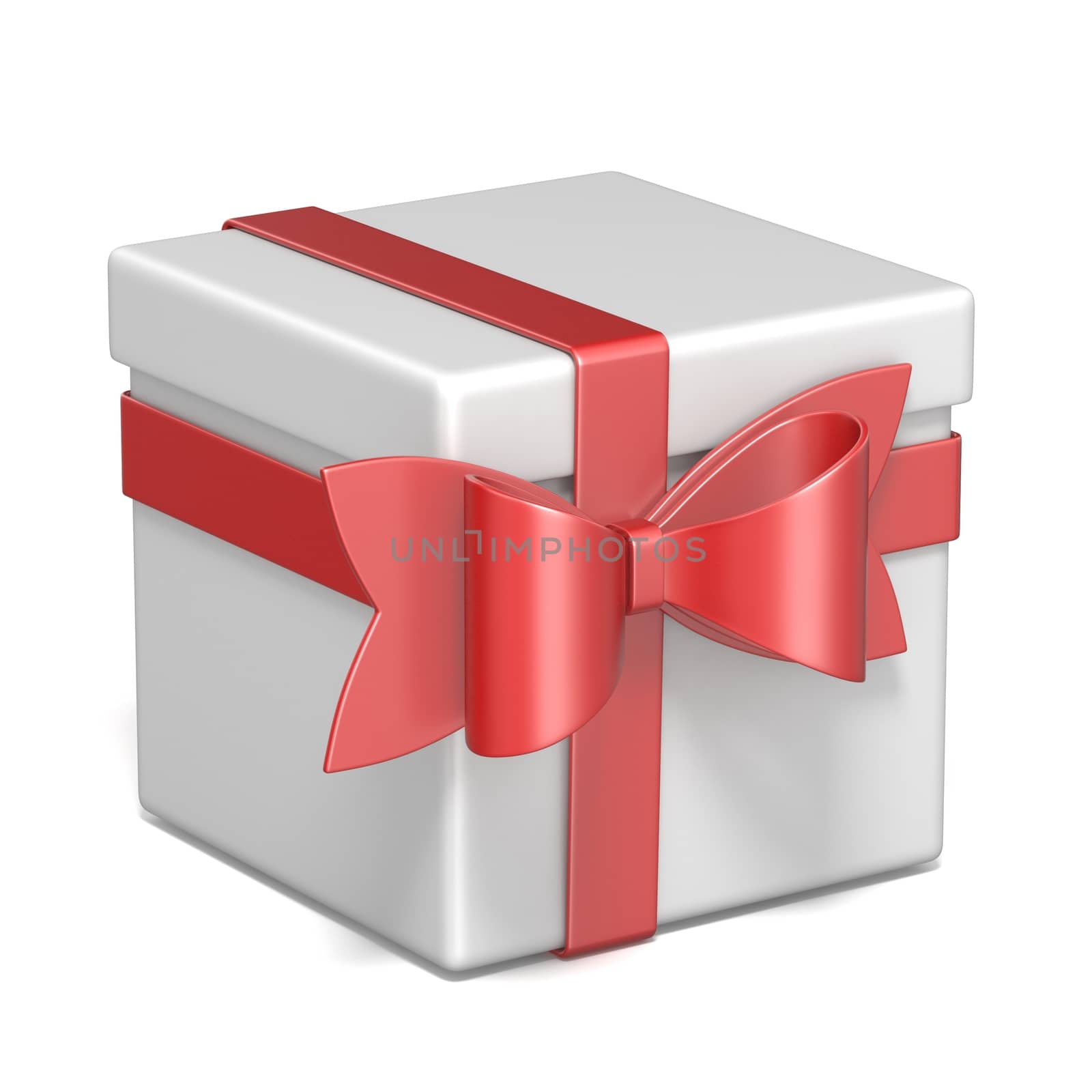 White gift box and red ribbon bow 3D render illustration isolated on white background