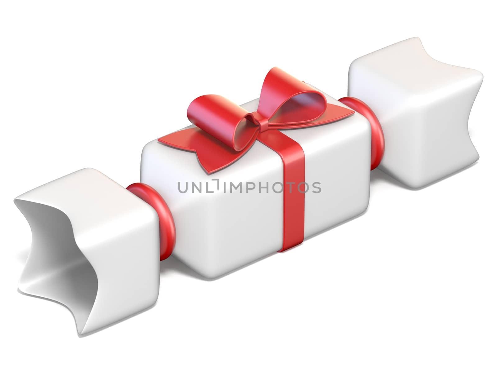 White gift box and red ribbon bow 3D render illustration isolated on white background