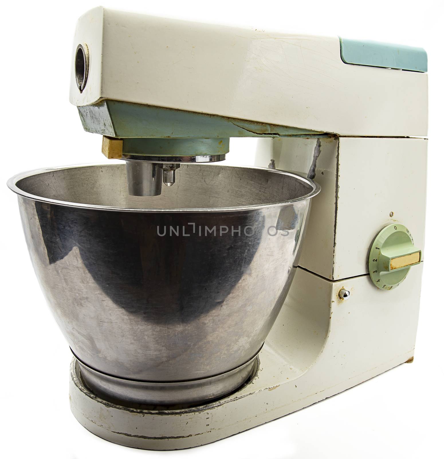 old 70s vintage tabletop kitchen mixer against white background