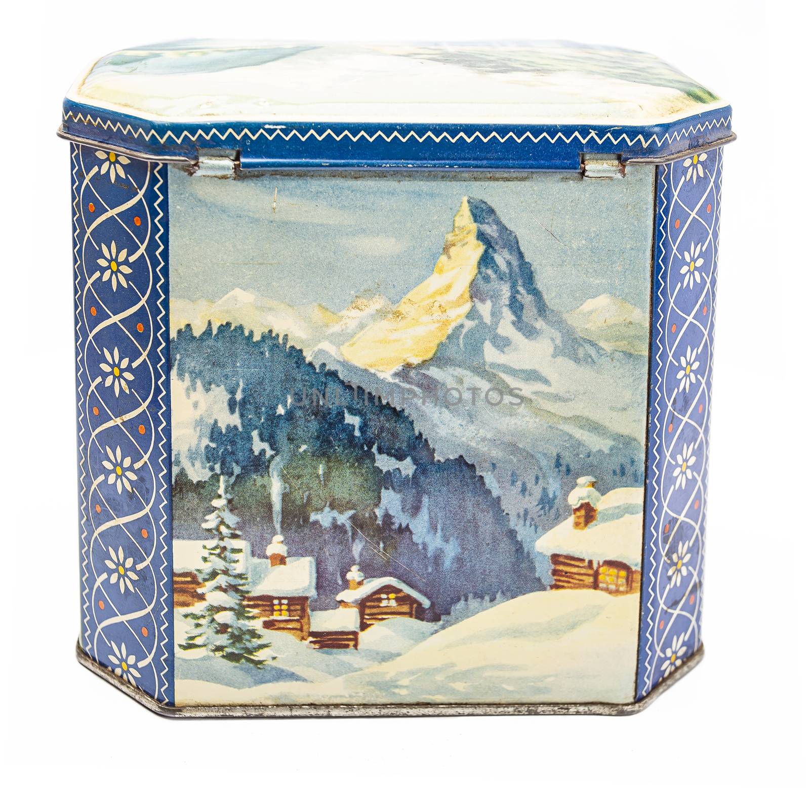 Isolated metal box with painting of a mountain winter scene