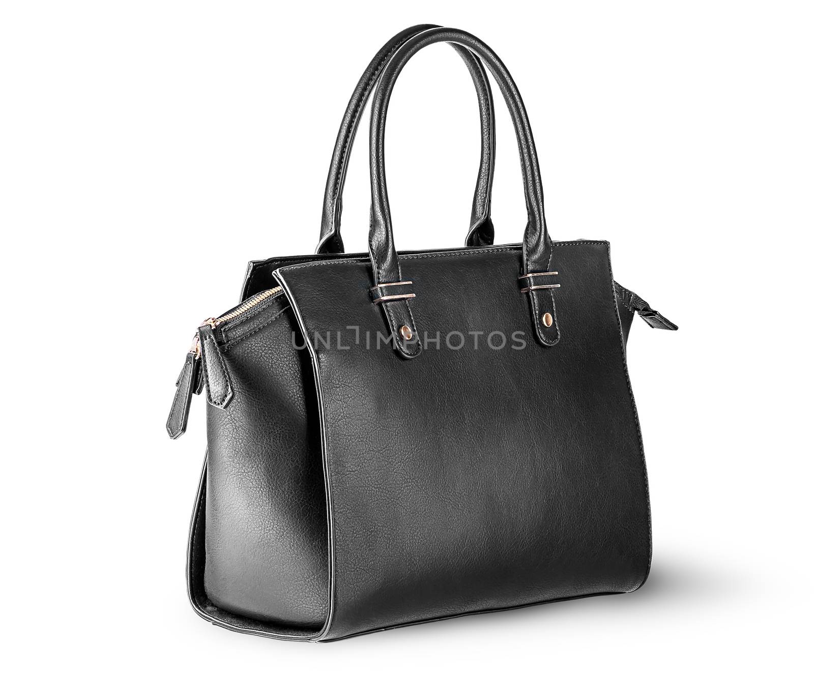 Ladies black leather bag rotated isolated on white background