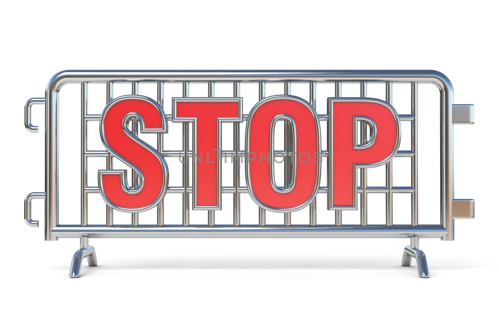 Steel barricades STOP sign 3D render illustration isolated on white background