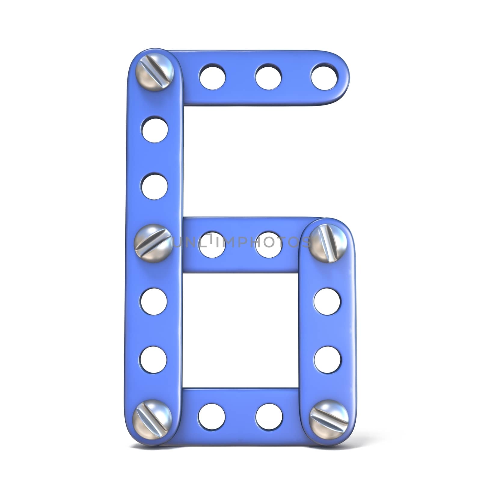 Blue metal constructor toy Number 6 SIX 3D render illustration isolated on white background