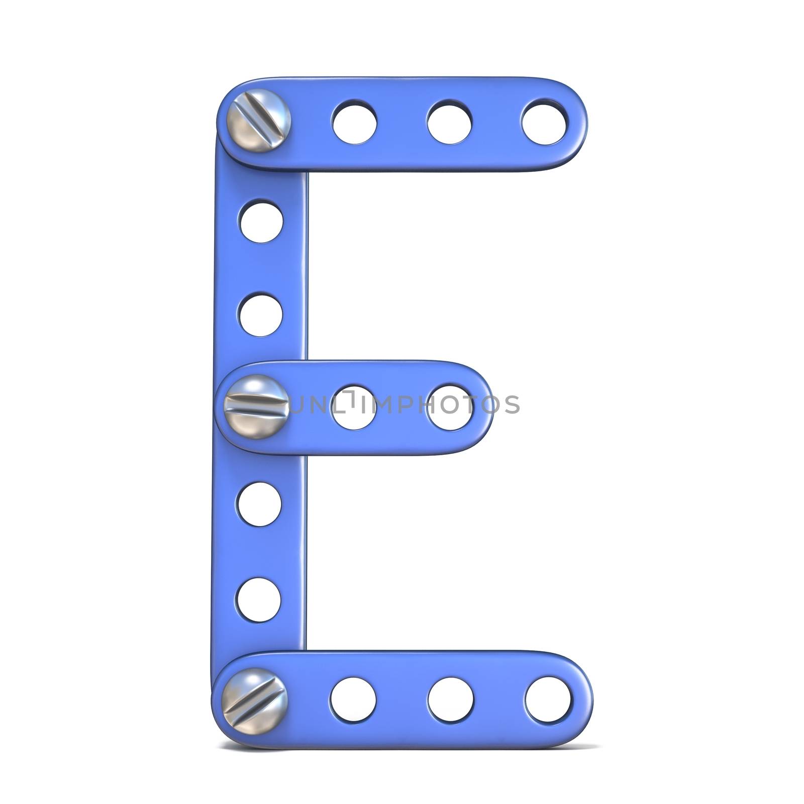 Alphabet made of blue metal constructor toy Letter E 3D render illustration isolated on white background