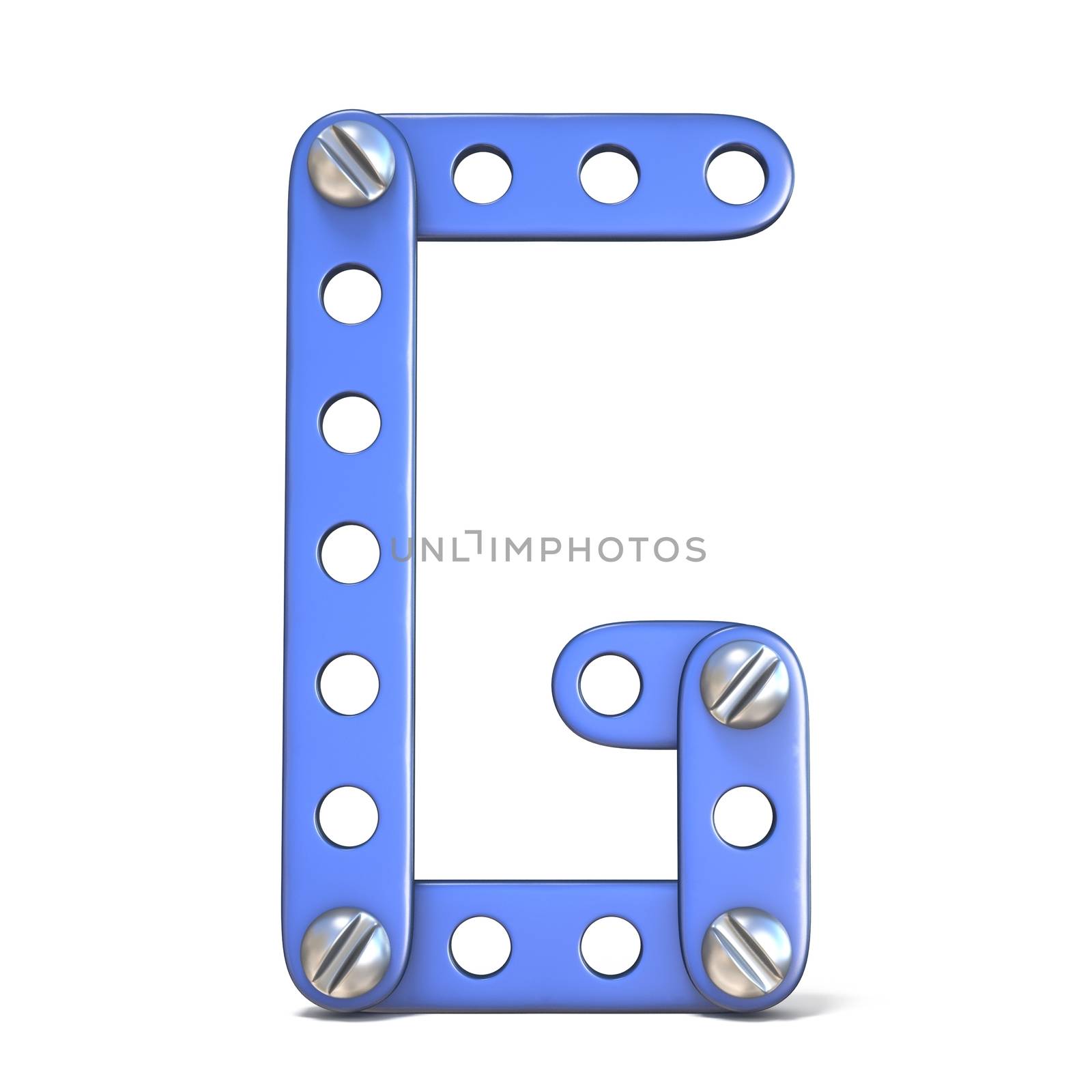 Alphabet made of blue metal constructor toy Letter G 3D render illustration isolated on white background