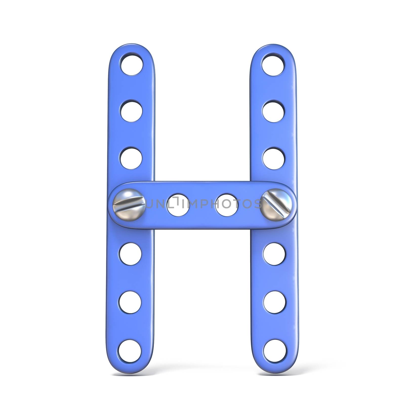 Alphabet made of blue metal constructor toy Letter H 3D render illustration isolated on white background