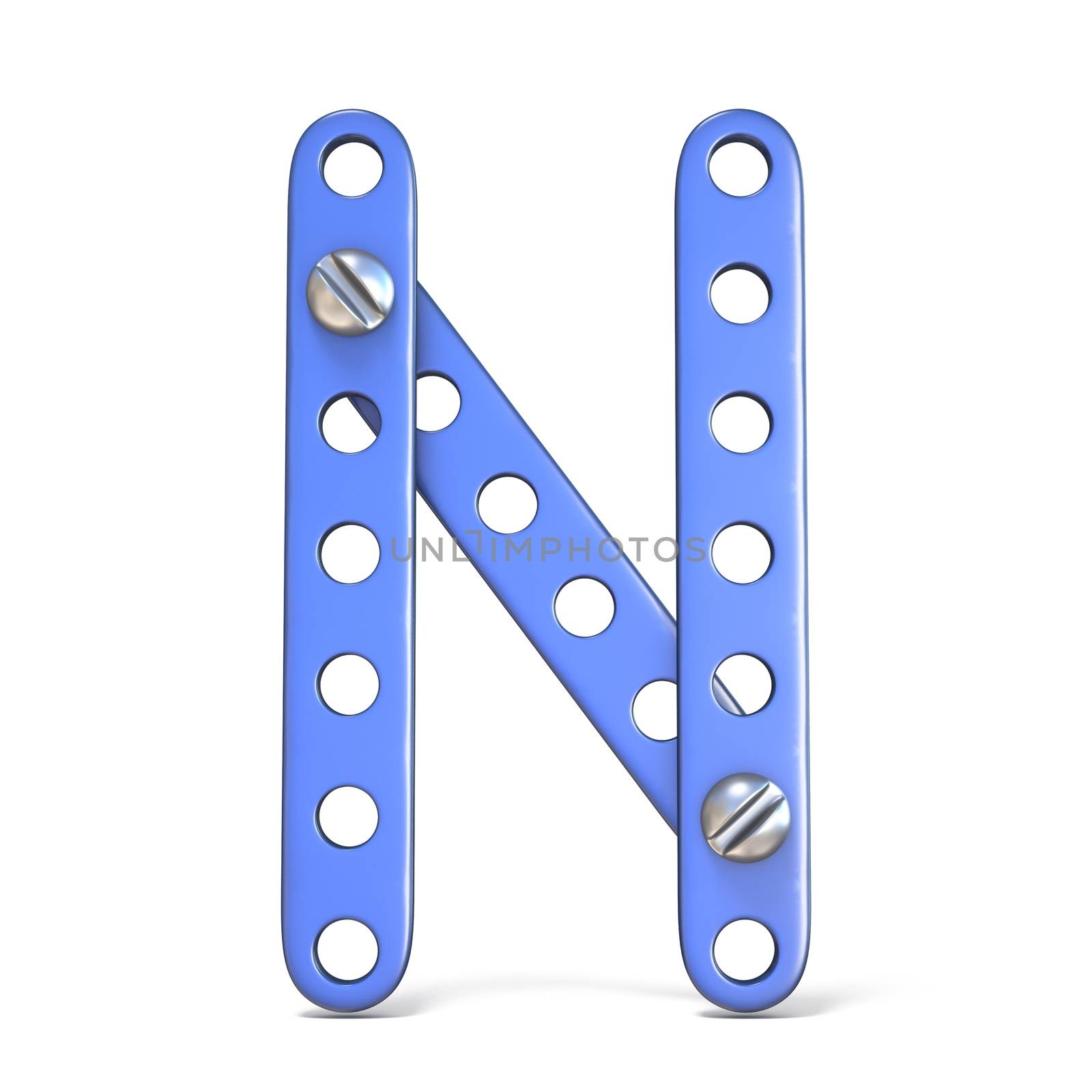 Alphabet made of blue metal constructor toy Letter N 3D render illustration isolated on white background