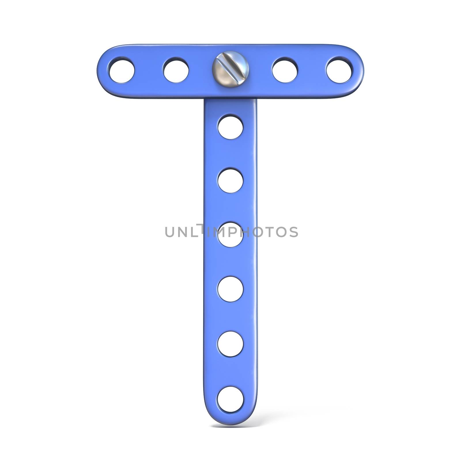 Alphabet made of blue metal constructor toy Letter T 3D render illustration isolated on white background