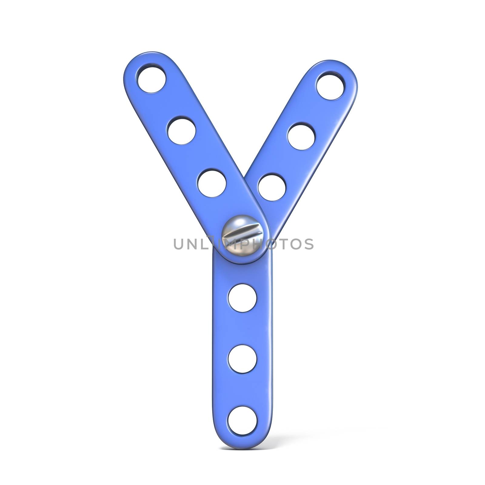 Alphabet made of blue metal constructor toy Letter Y 3D render illustration isolated on white background