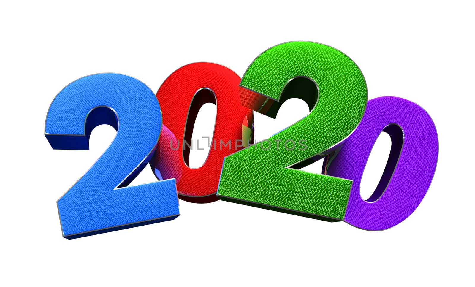 Year 2020 3D rendering on white background.