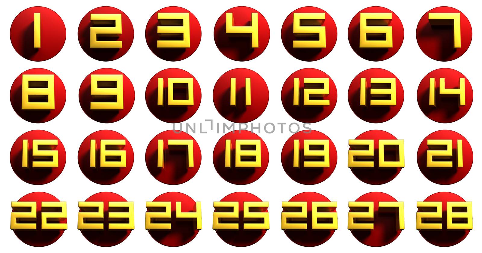 Numbers collection 1-28 3D rendering Small size 6 cm.Resoluton 300 ppi.With Clipping Path.