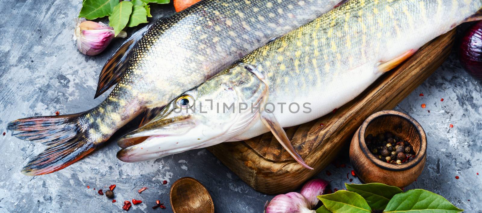 Fresh fish with ingredients for cooking.Healthy or diet food