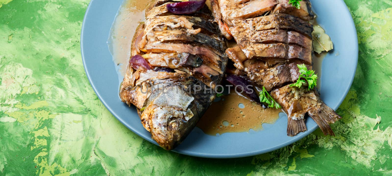 Grilled fish and spicy seafood sauce.Grilled fish with spices