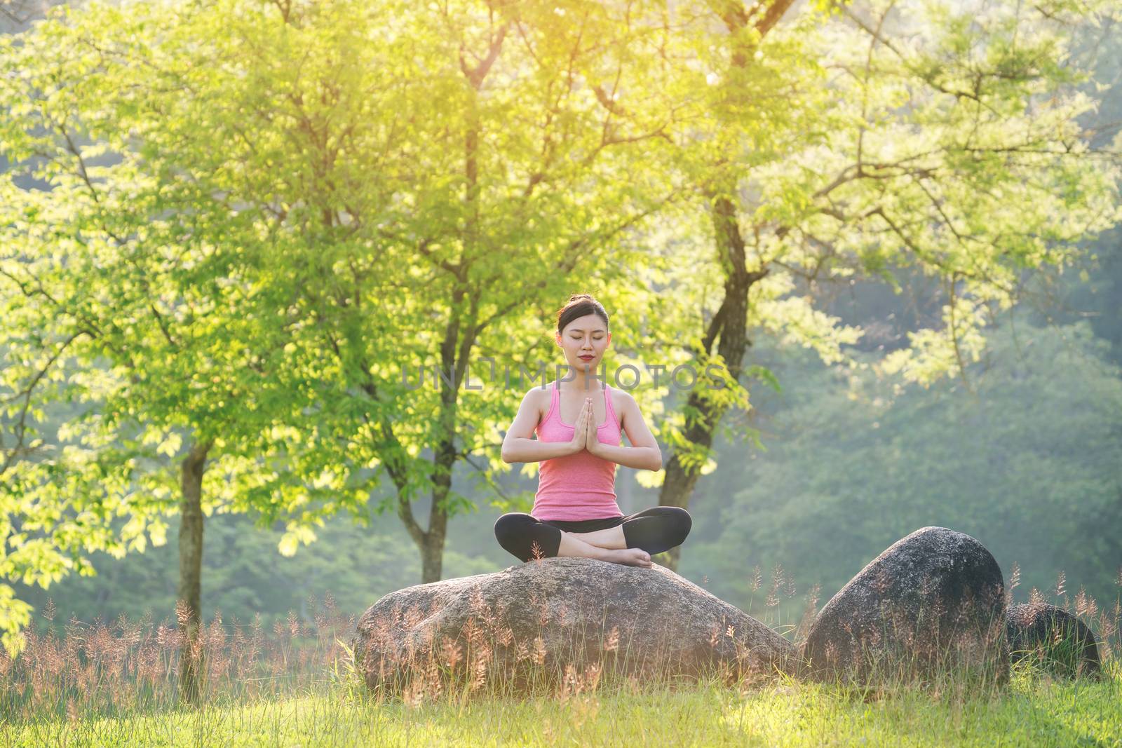 young beautiful asian woman practicing yoga  by anankkml