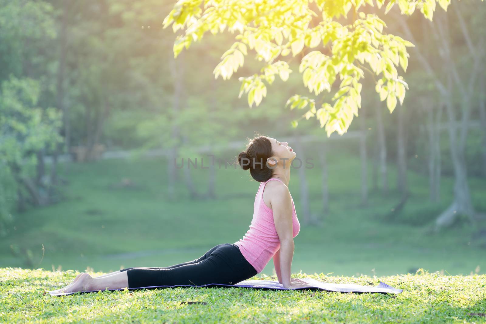 young beautiful asian woman practicing yoga  in the garden