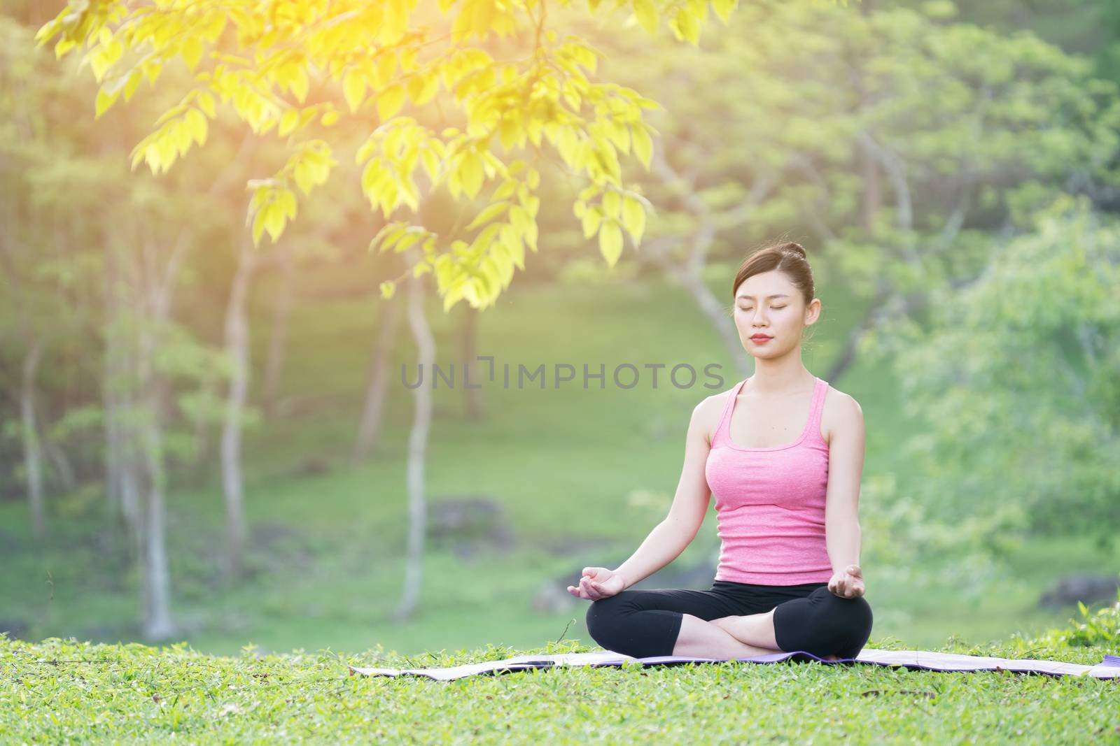 young beautiful asian woman practicing yoga  in the garden