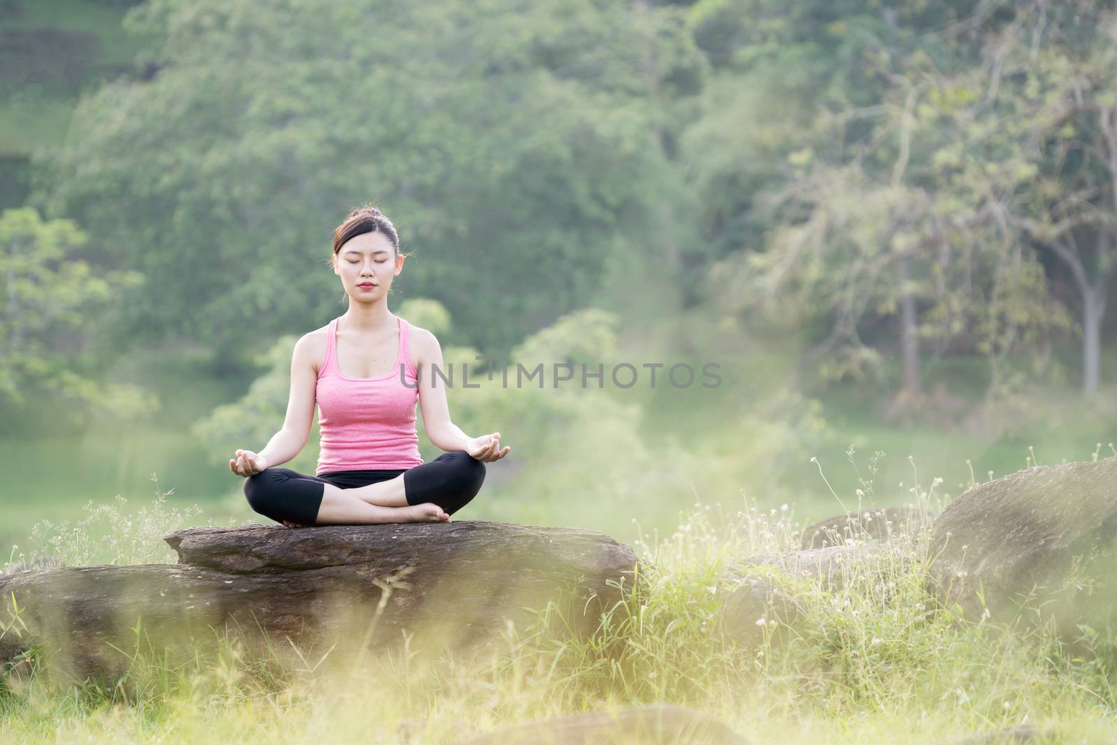 young beautiful asian woman practicing yoga  by anankkml