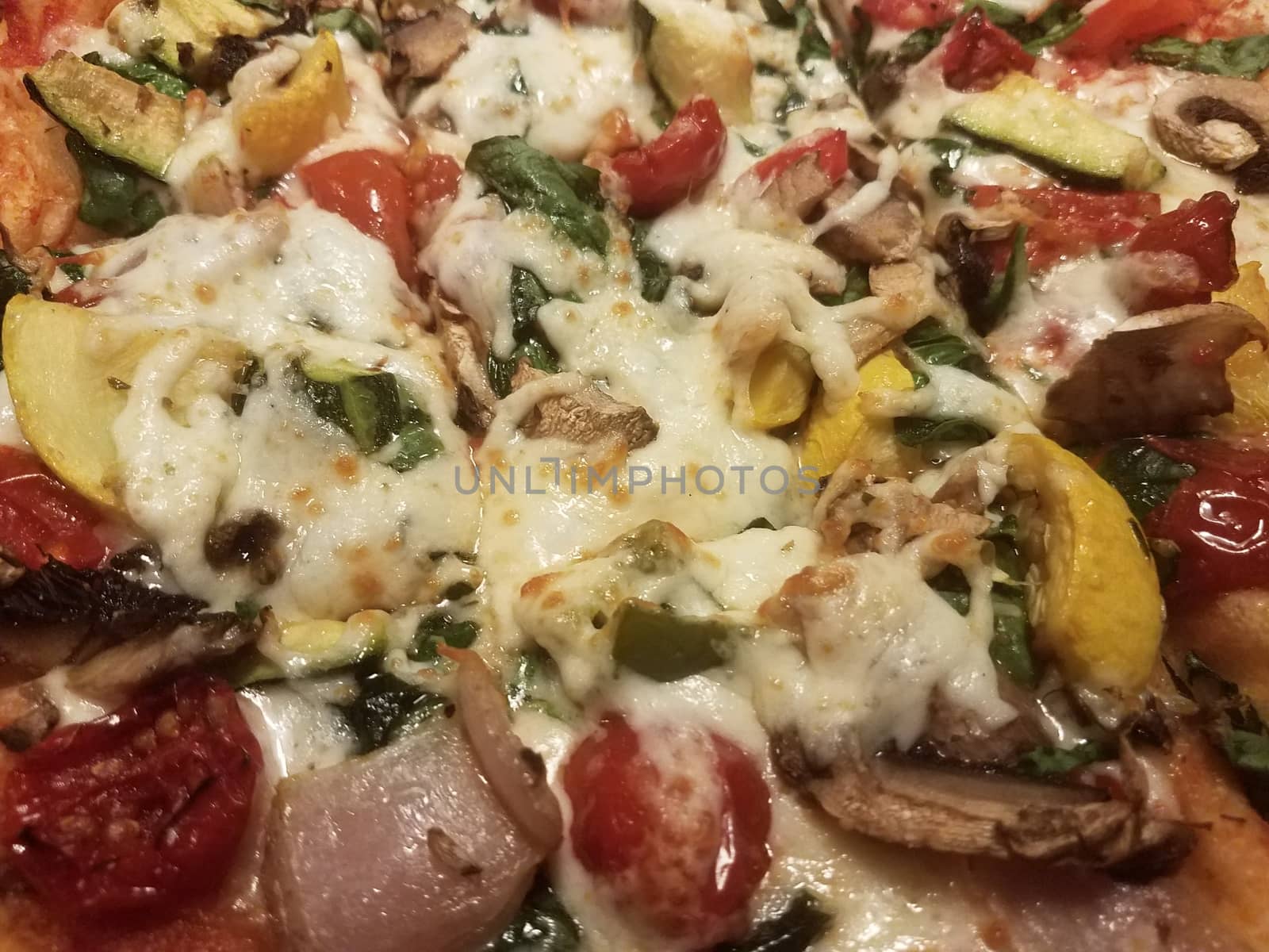 colorful pizza with cheese vegetables tomatoes and onions up close