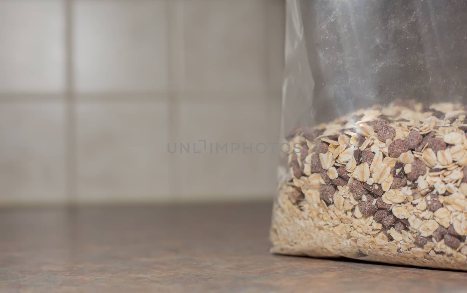 A bag of cereal on the worktop