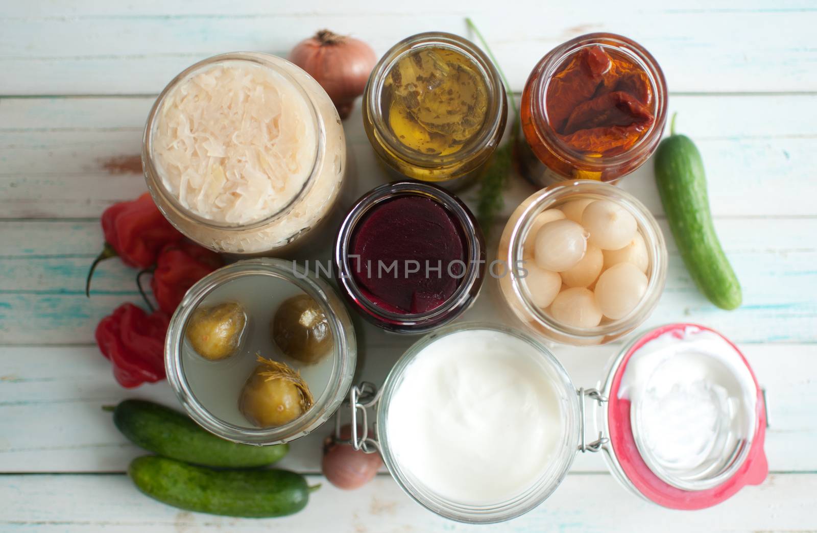 View of open jars with naturally fermented ingredients