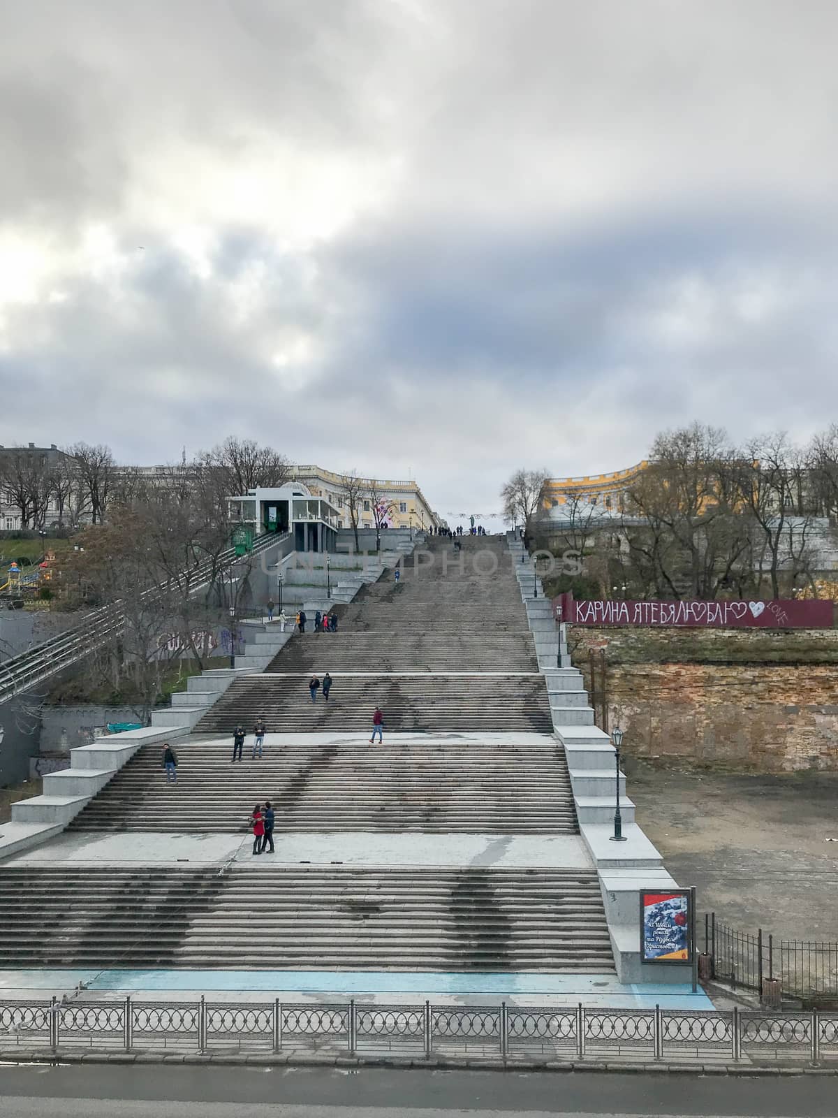 Odessa, Ukraine - December 30, 2017: Potemkin Stairs. The stairs are considered a formal entrance into the city from the direction of the sea and are the best known symbol of Odessa.