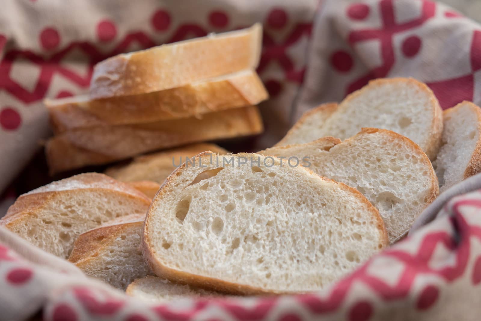Fresh white bread cut in bread basket