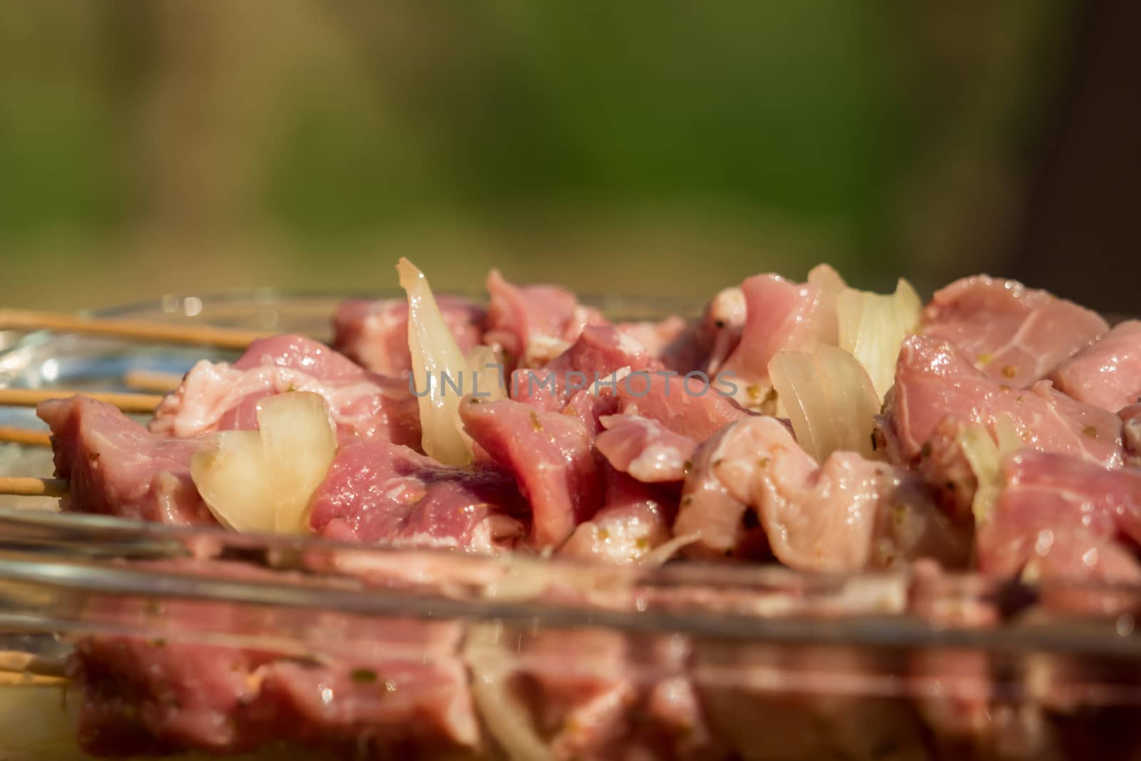 Raw meat skewers marinated before grilling by sandra_fotodesign