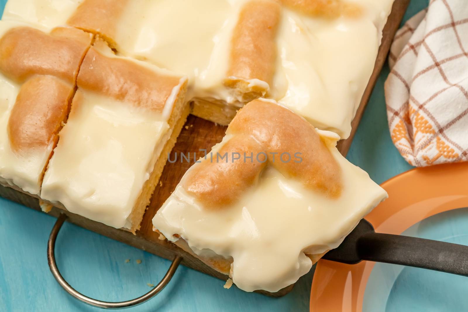 Sliced Apple Pie with Sour Cream on Wooden Cutting Board - photo, image by galsand