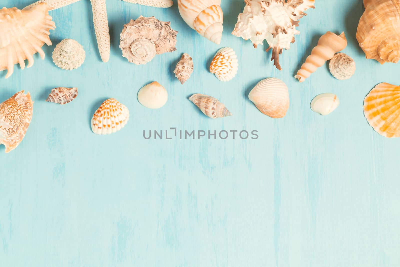 Blue sea background with copy space and seashell border, summer holiday and vacation concept by galsand