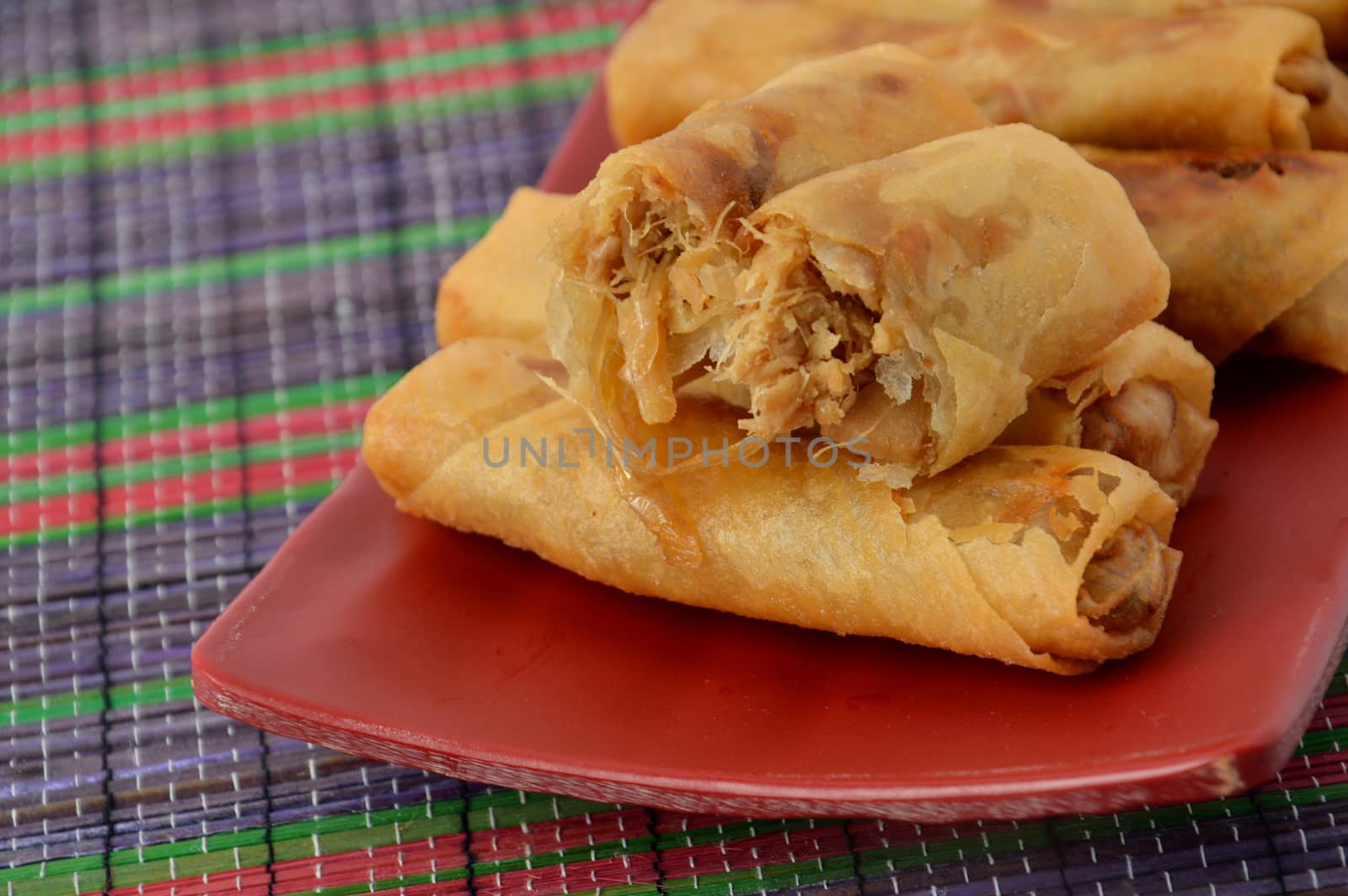 lumpia Semarang or Spring Rolls containing bamboo shoots and chicken on red plate at white background 