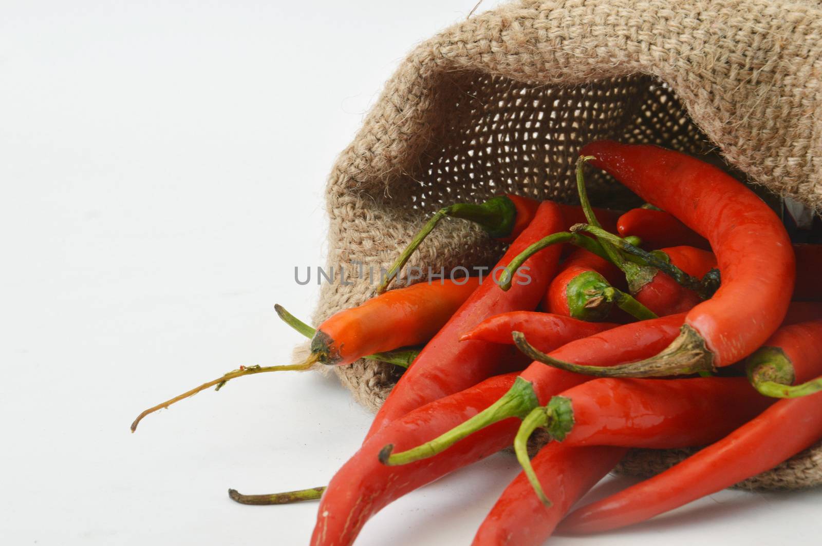 big chili red in a burlap sack on white background