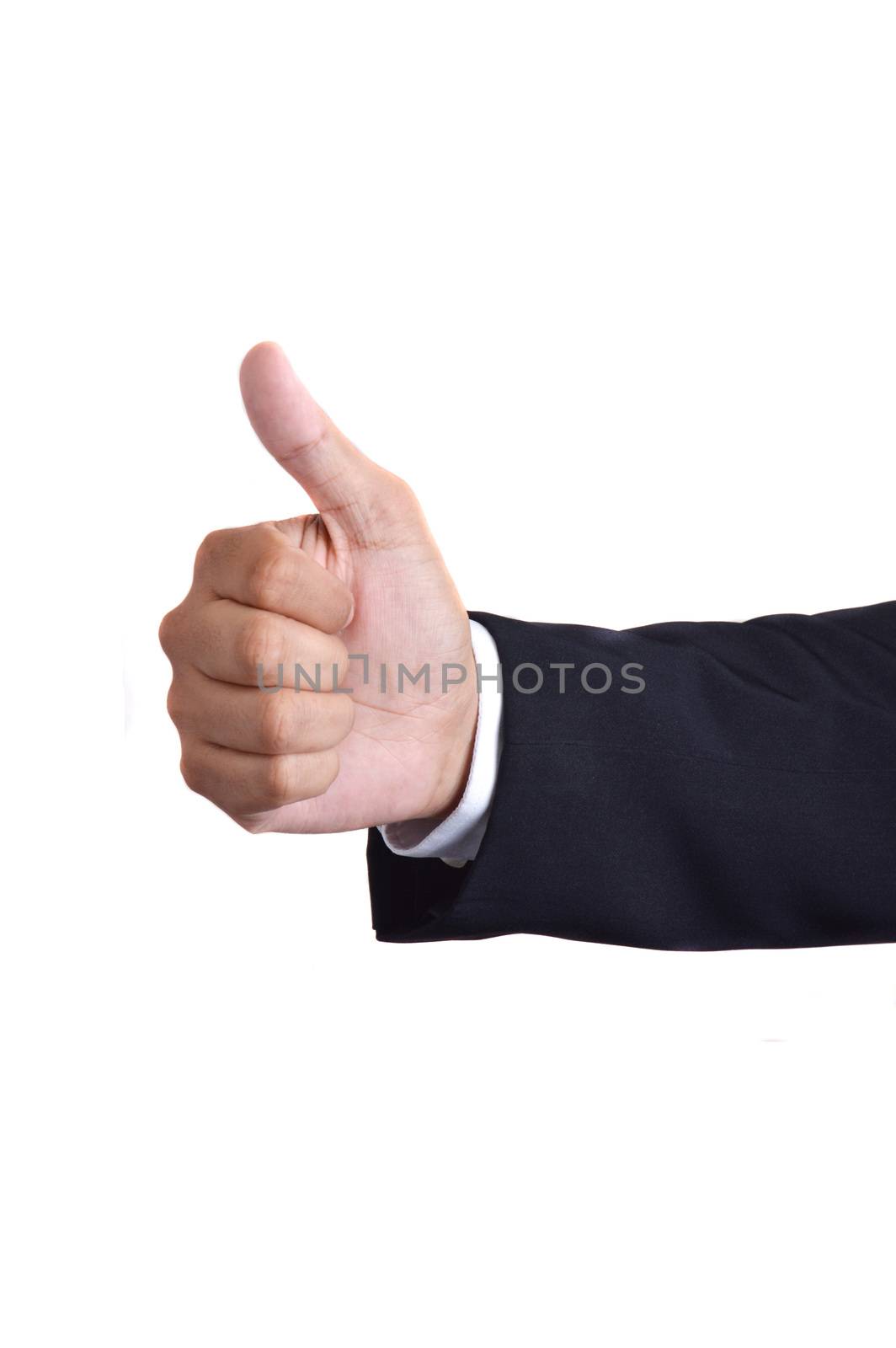 male businessman suits make thumb on white background