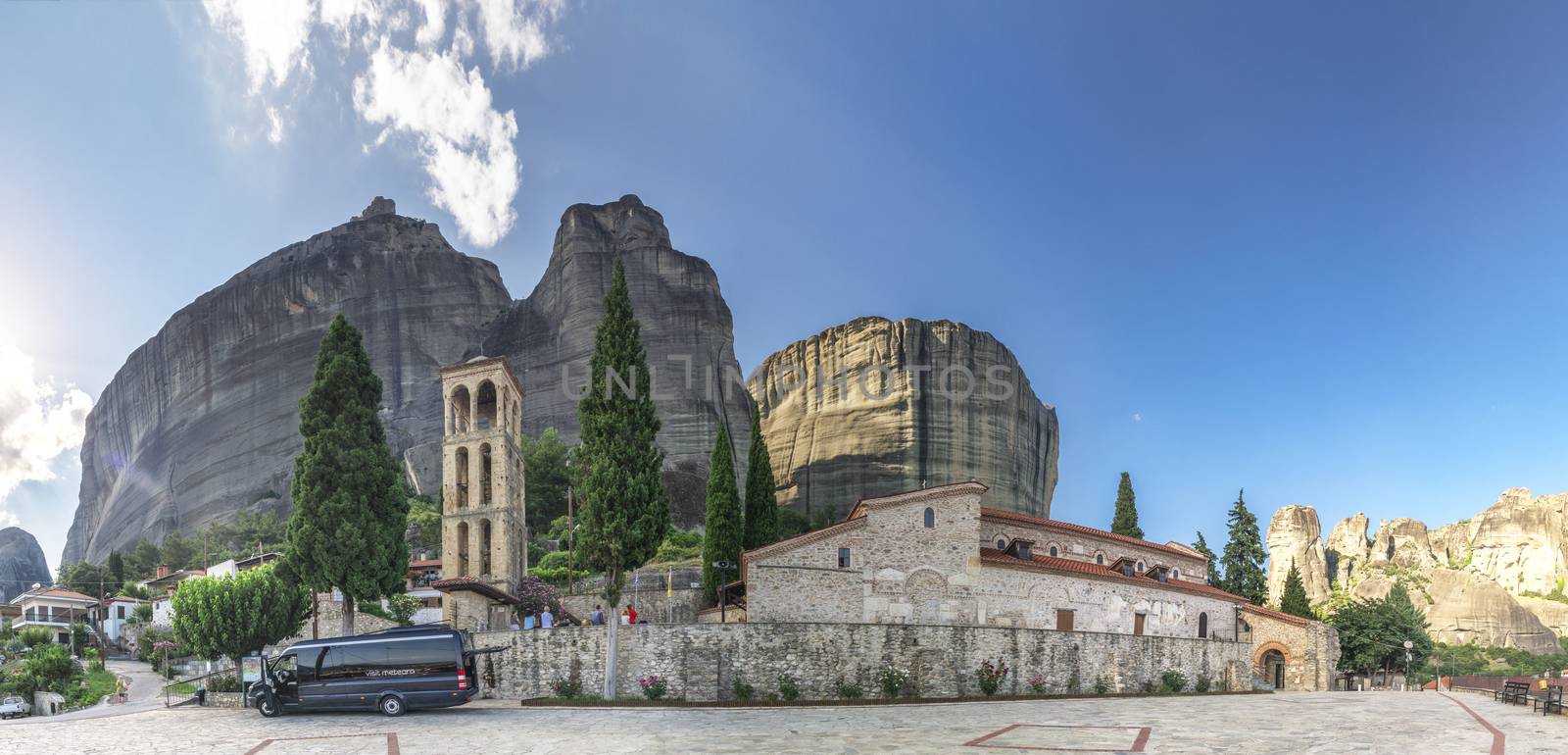 Panoramic view of the Assumption of Virgin Mary byzantine church in Meteora, Kalambaka town in Greece, on a sunny summer day