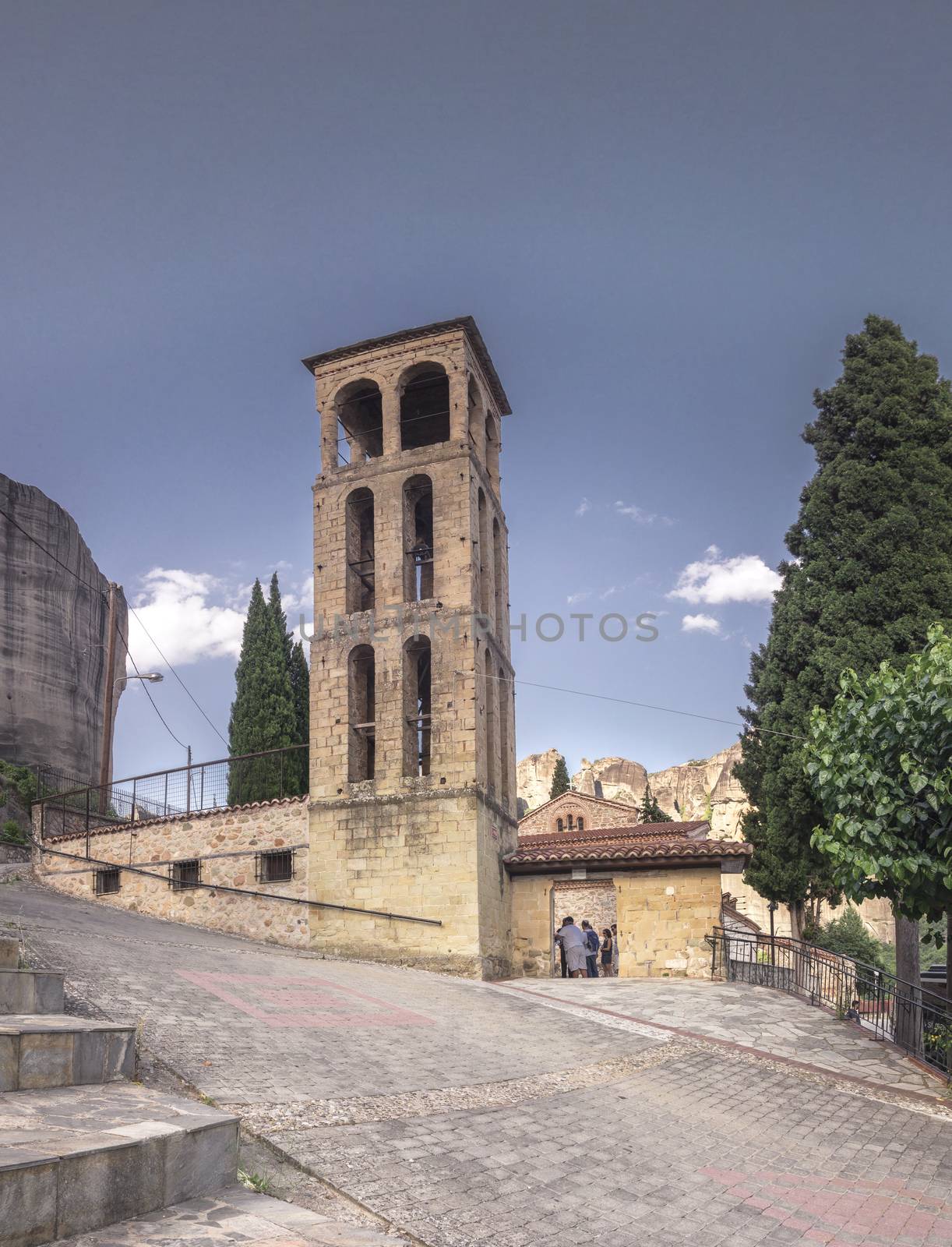 Panoramic view of the Assumption of Virgin Mary byzantine church in Meteora, Kalambaka town in Greece, on a sunny summer day