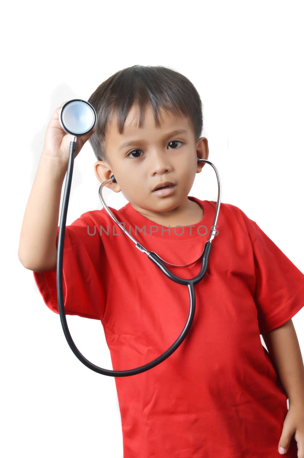 asian little boy dressed in red shirts holding a stethoscope with white background