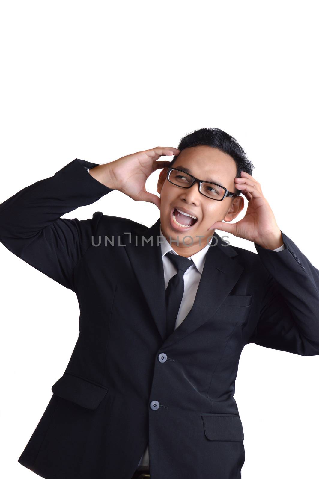 Asian male businessman stress on white background