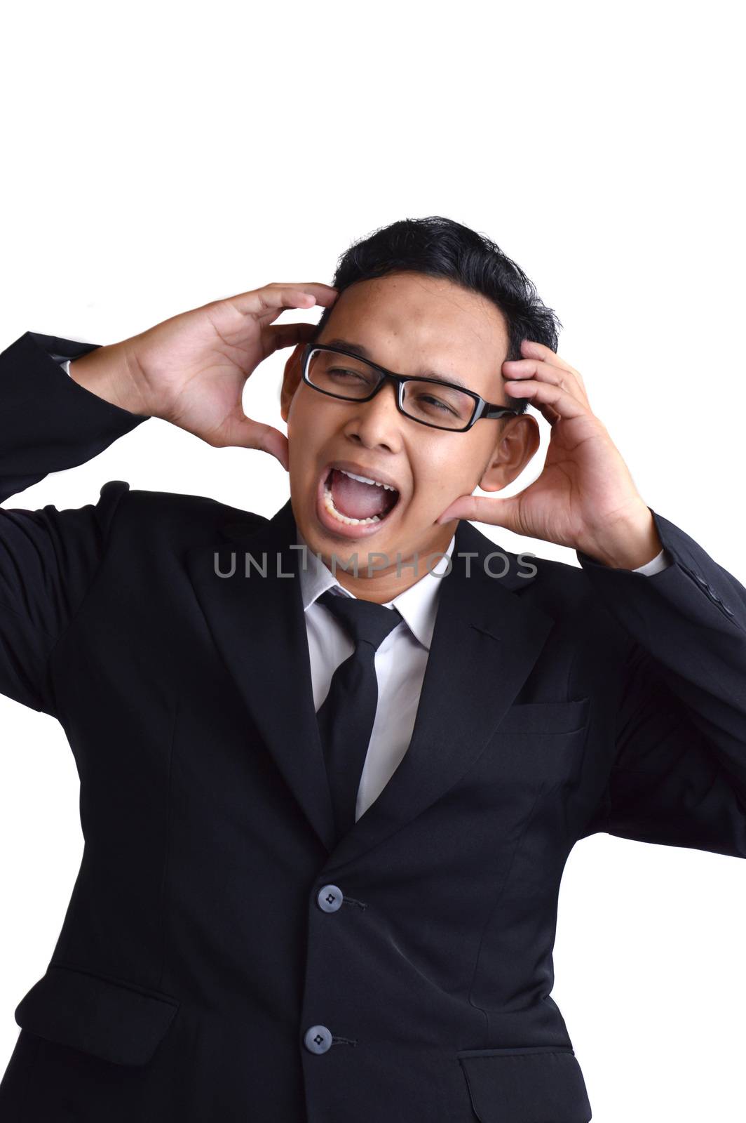 Asian male businessman stress on white background