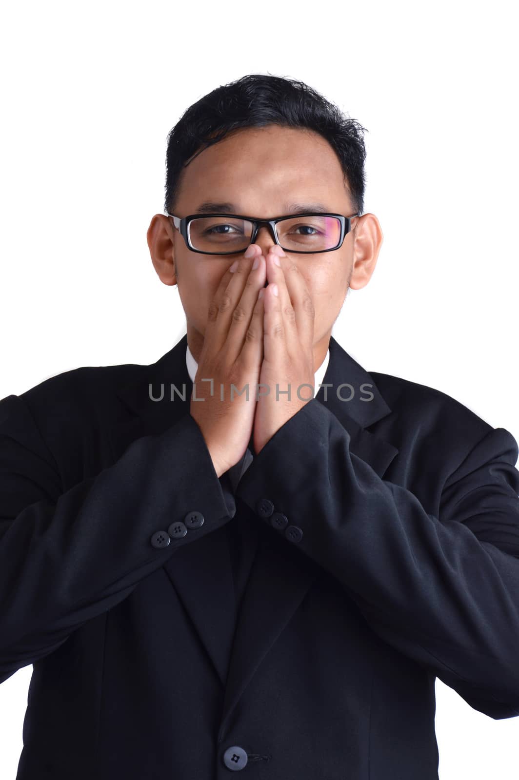 asian male businessman shut up on white background