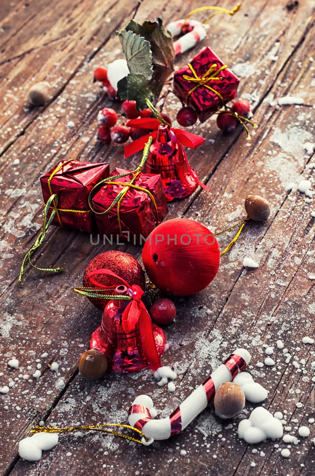 Christmas decoration with ctoy on background covered in snow