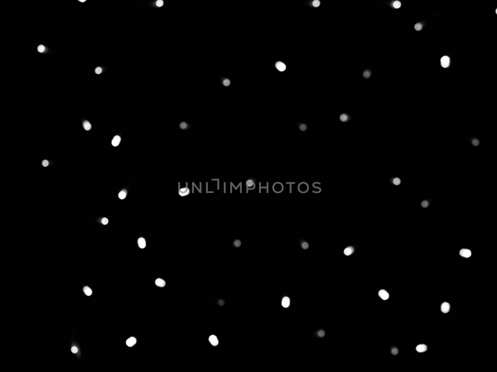 Defocused lights of Christmas garland in black and white evenly distributed over the area of the frame, background, texture.