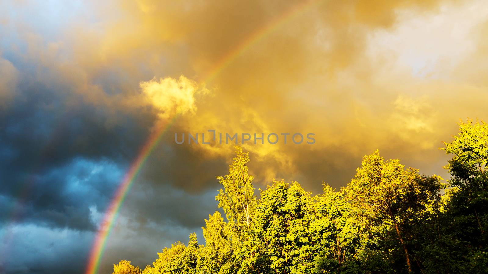 Rainbow after rain in a cloudy sky among dramatic clouds by galsand