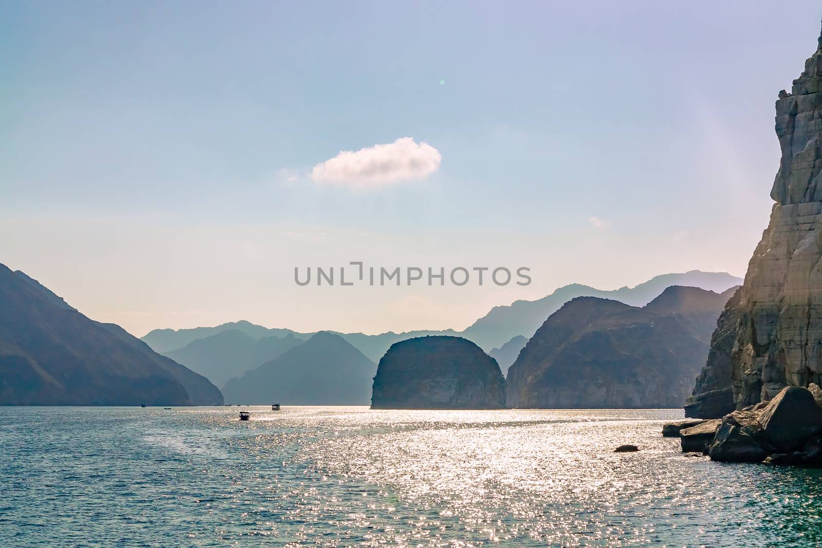 Sea and rocky shores in the fjords of the Gulf of Oman.