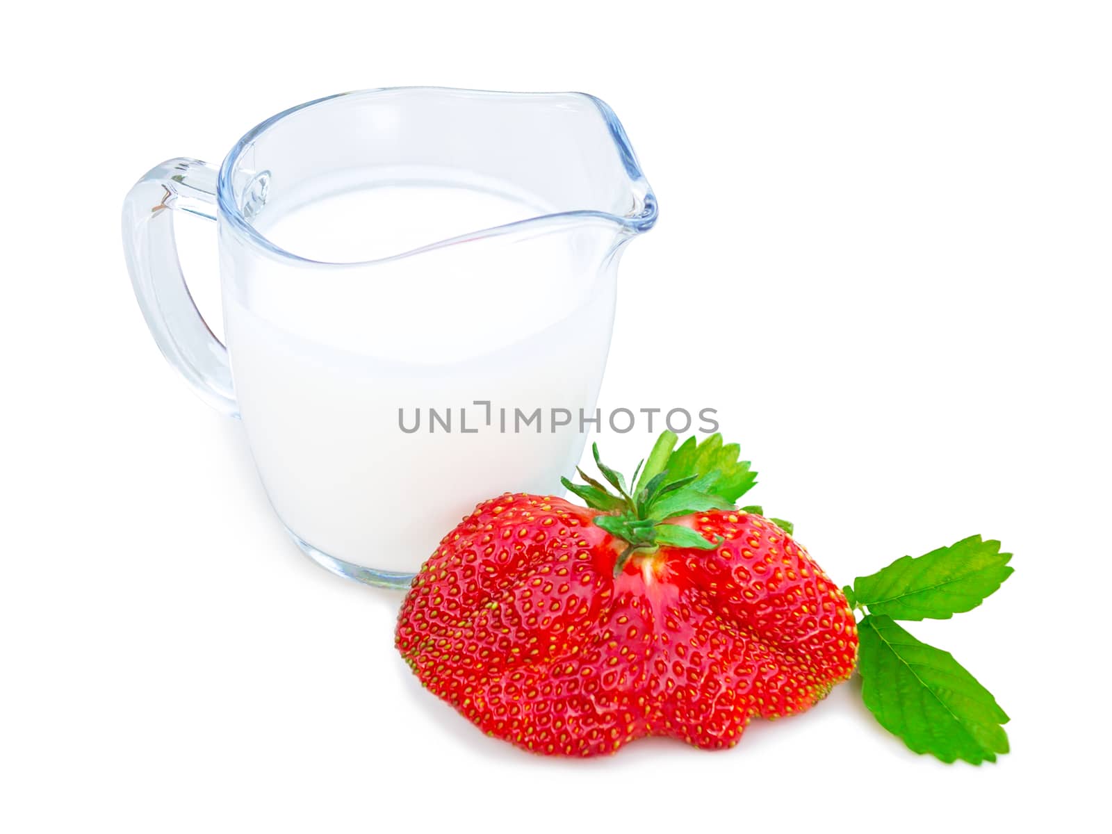 A huge ripe strawberry and cream sauce isolated on white background.