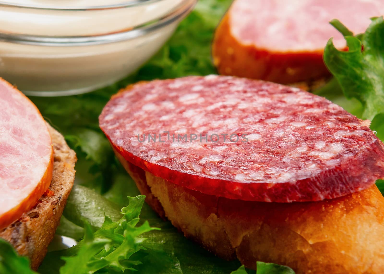Several sandwiches with sausage and salami and sauce on a plate, close up.