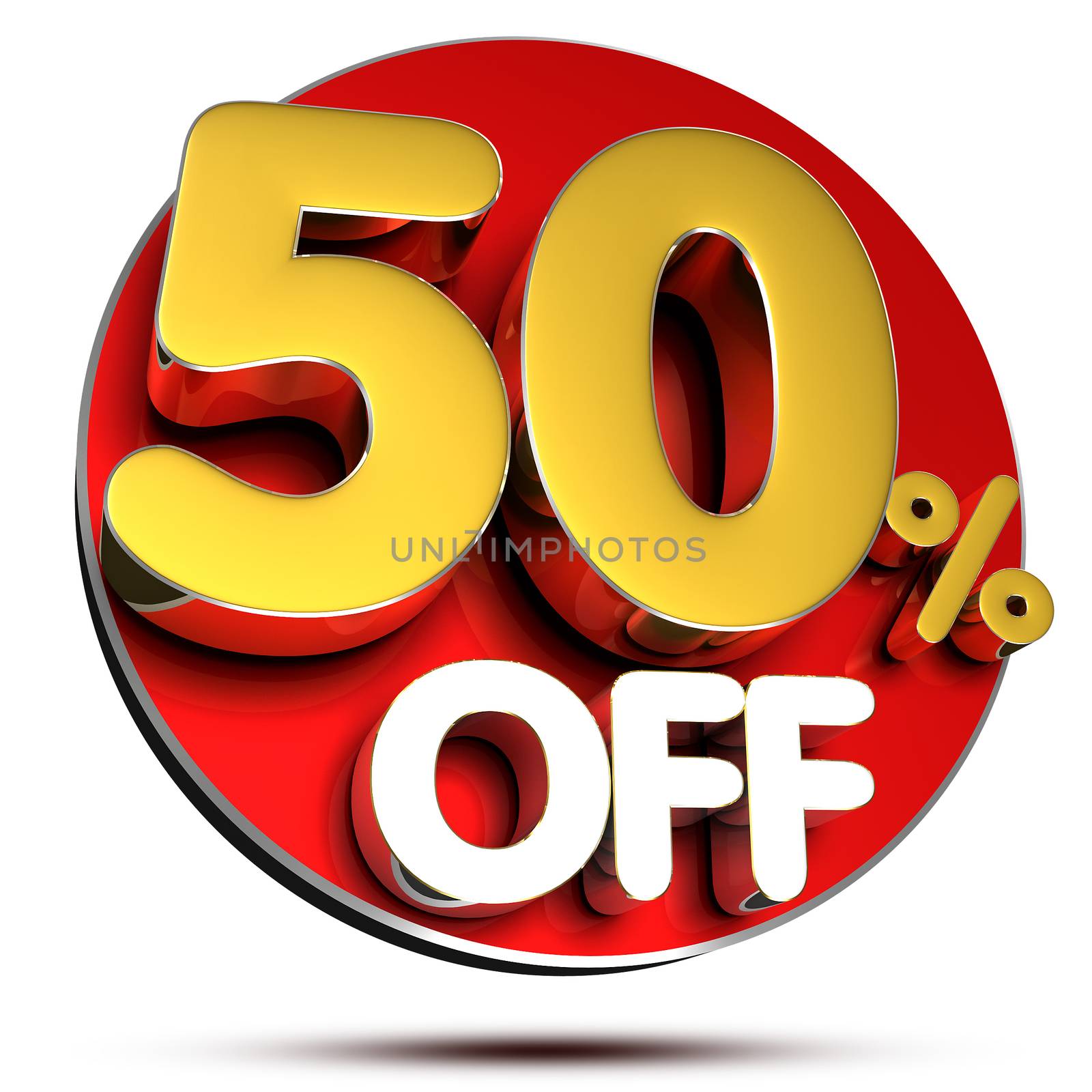 50 percent off 3D rendering on white background.(with Clipping Path).