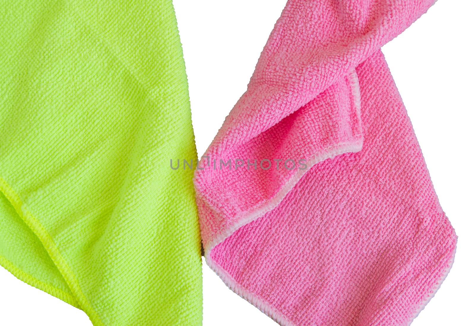 Microfiber cloths isolated on white background, tools for cleaning and cleanliness. The concept of spring cleaning, flat lay.